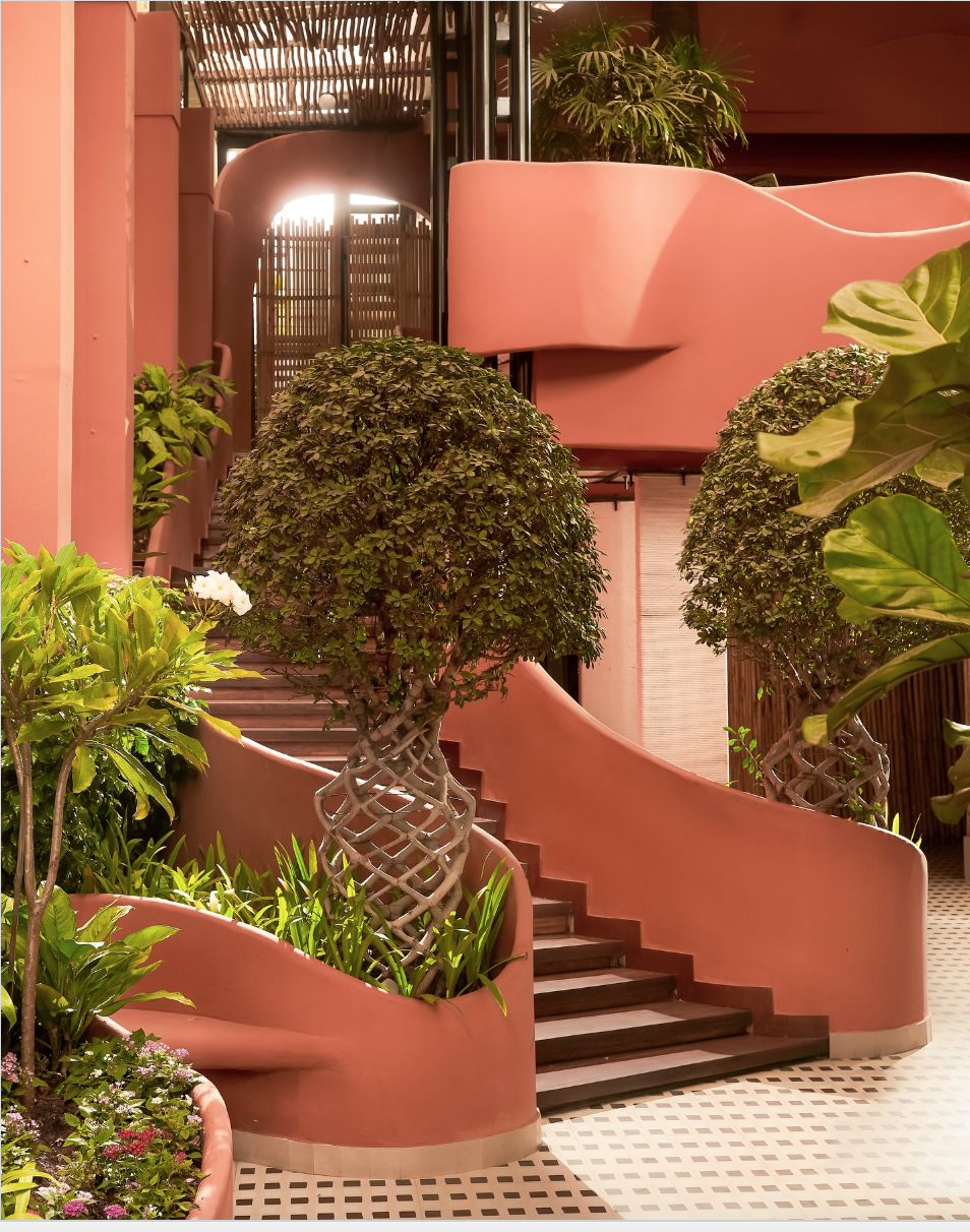 Curved Terracotta Staircase with Plants